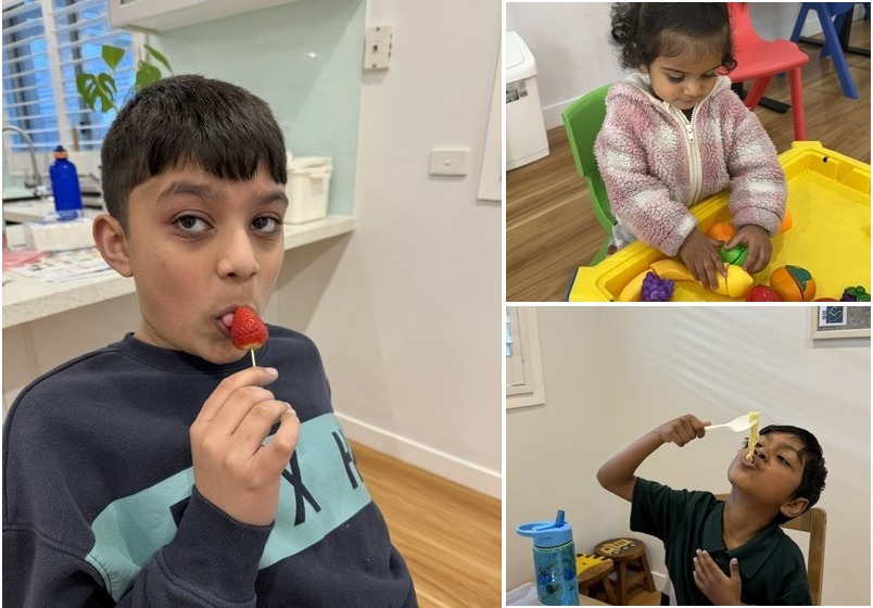 SOS feeding therapy progression: child tasting strawberry on toothpick, play fruit exploration, and independent noodle eating